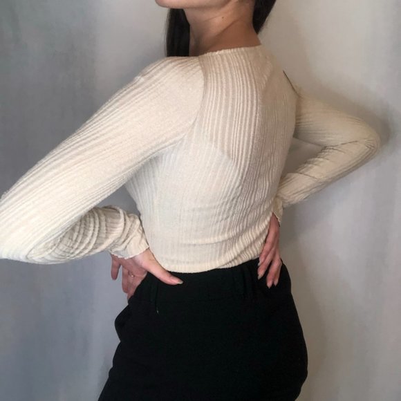 Straight Neckline Ribbed Cozy Cream Long Sleeve Shirt - Picture 5 of 8